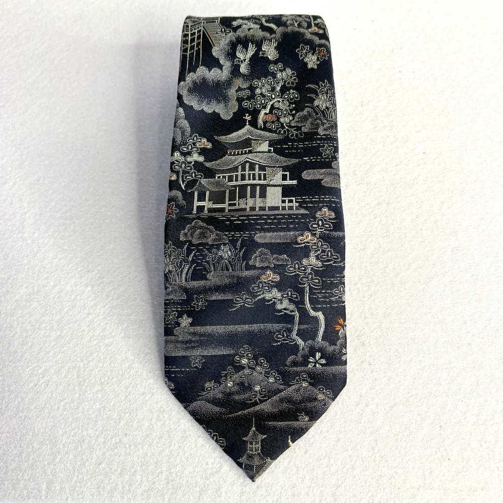 Vintage M Yamamoto Silk Tie 54" Kyoto Japan Pagoda Temple Scenic Jacquard 80s